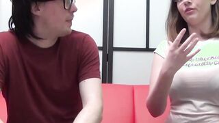 Nerdy chick with huge natural tits Jessica Lo sucks dick POV