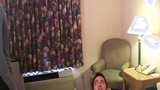 Very appealing hunk slaps butt and gets his big dick sucked by two guys