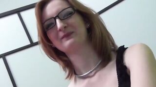 Nerdy UK babe Zara Du Rose down on her knees sucking cock