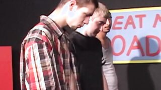 Playful trio gets their head inside a box and wwaits for load in mouth