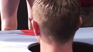 Playful trio gets their head inside a box and wwaits for load in mouth