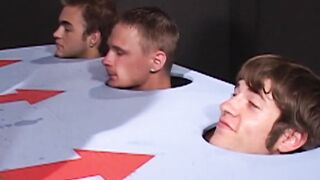 Playful trio gets their head inside a box and wwaits for load in mouth