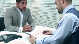 Bearded businessmen drills HR hunk for better evaluation