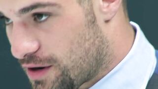Bearded businessmen drills HR hunk for better evaluation