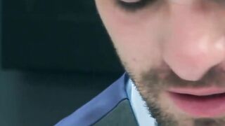 Bearded businessmen drills HR hunk for better evaluation