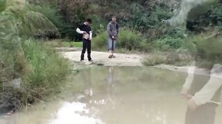 Two straight guys are wanking outdoors and competing for cum