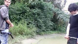 Two straight guys are wanking outdoors and competing for cum