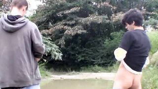 Two straight guys are wanking outdoors and competing for cum