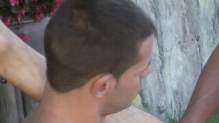 Young gay has his hole stuffed with three hard cocks outdoor