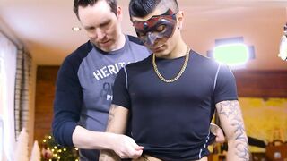 Tattooed jock getting his dick sucked by an older gay dude