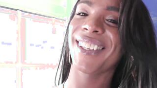 Busty Latina in high heels strokes her huge throbbing cock