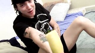 Young thug tugging his cock with cucumber help