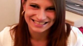 British gal talks to nerd and is tricked into sucking him