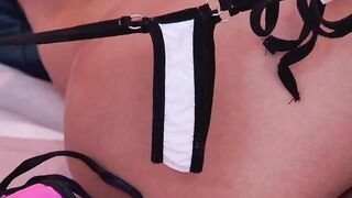 Shaved pussy blonde changing panties on webcam