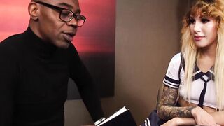 Slutty TS schoolgirl interracial bareback fucking and riding