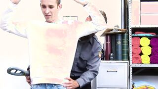 Inked young gay caught stealing and dominated by bareback