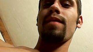 Hairy straight amateur cums on himself after masturbating