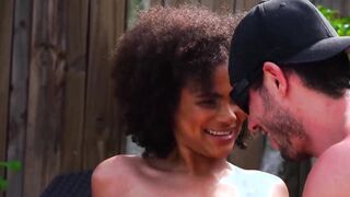 Ebony babe Alina Ali seduces pool boy and sucks his big cock