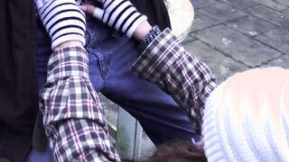 Cute babe rides old mans dick cowgirl style by the campfire