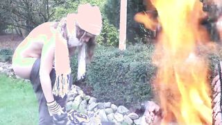 Cute babe rides old mans dick cowgirl style by the campfire