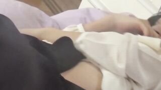 Young Japanese babe with hairy pussy masturbating solo