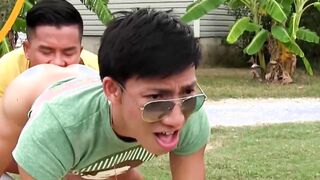 Naughty Asian jock hardcore fucking his twink on the grass