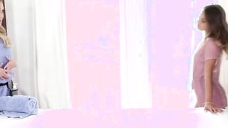 Perky brunette craves for milf masseuses pussy