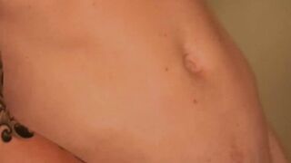 Tattooed dude catches his friend while jerking his sausage