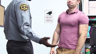 Restrained straight jock barebacked by black security guard