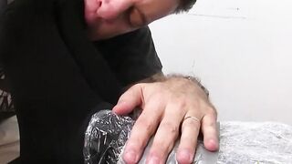 Submissive gay slave toe licked and sucked while tied up