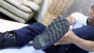 Asian twink Robin takes off socks to eat feet while wanking