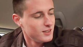 Smooth twinks ass fucking and spilling jizz in car threesome