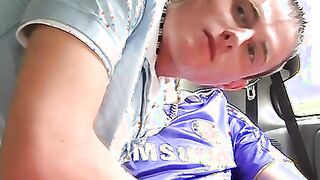 Smooth twinks ass fucking and spilling jizz in car threesome