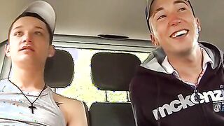 Smooth twinks ass fucking and spilling jizz in car threesome