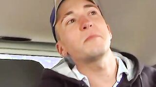 Smooth twinks ass fucking and spilling jizz in car threesome
