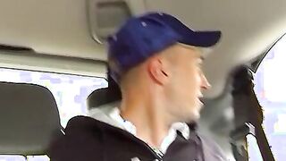 Smooth twinks ass fucking and spilling jizz in car threesome
