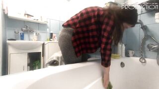 Lena Rose downblouse while cleaning bathtube