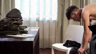 Gay army greet their superior a deepthroat blowjob