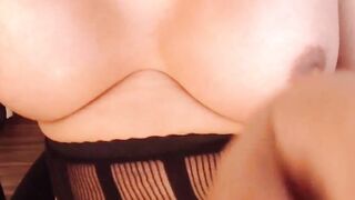 Huge tits shemale in stockings jerks