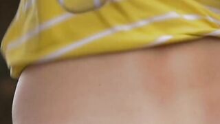 Sabrina G shows off natural tits and shaved pussy outdoor