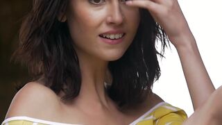 Sabrina G shows off natural tits and shaved pussy outdoor