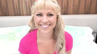 This super petite blonde with a trimmed pussy sucks and fucks