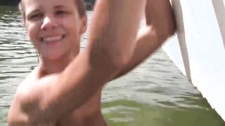 Group of naughty teens is having fun while swimming outdoor