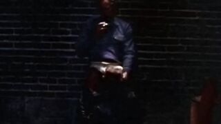Blonde stud in leather jacked eats ass after sucking dick