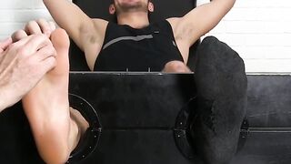 Two guys have freaky feet play with a tied up gay stud