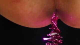 Ladyboy inserts Christmas tree before cumshot masturbation