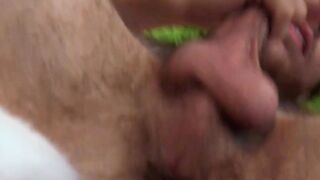 Hairy gay uses vibrator while masturbating solo and cumming