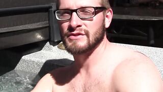 Gay with glasses shows balls before masturbating with buddy