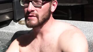 Gay with glasses shows balls before masturbating with buddy