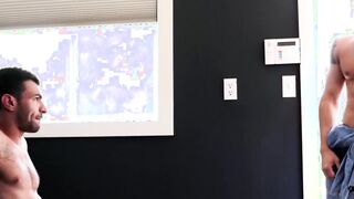 Beefy homosexual guys drill their bottom friends tight ass